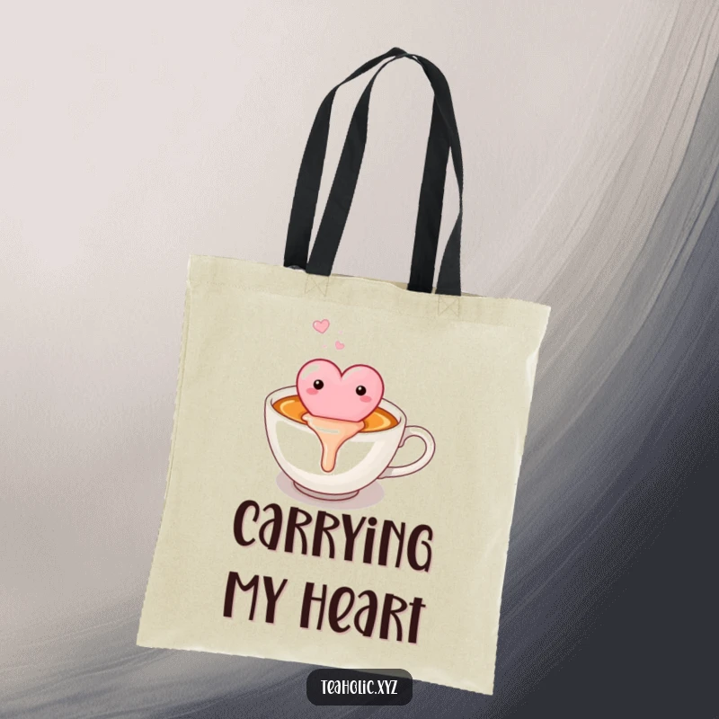 Funny candy heart happily melting into a warm cup of tea, printed on a practical and humorous tote bag.