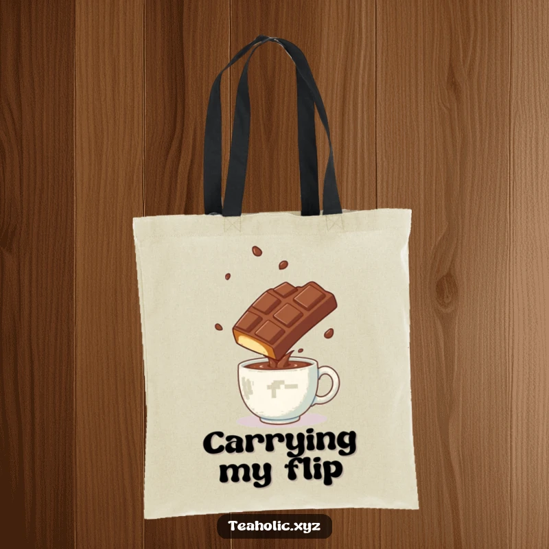 Funny playful chocolate bar doing a somersault over a steaming mug, a dynamic tote bag.