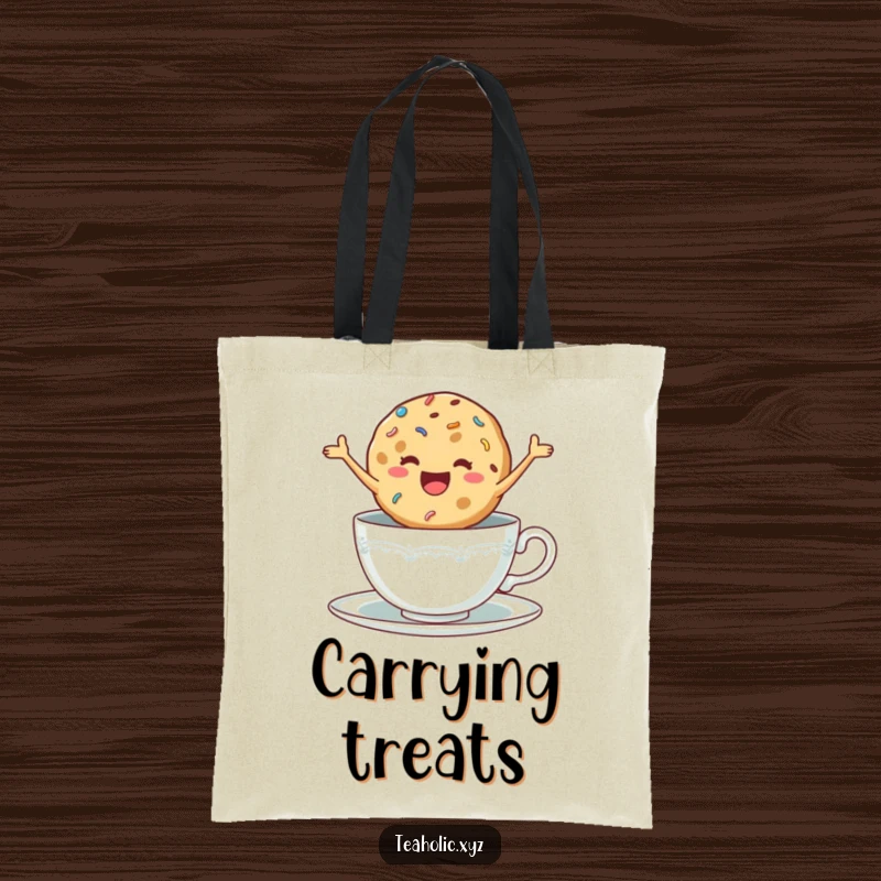 Funny tote bag with a delighted cookie with sprinkles jumping excitedly in a teacup, ideal for shopping.