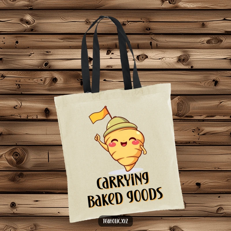 Funny tote bag with a giggling croissant in a jaunty cap waving a flag, perfect for carrying essentials joyfully.