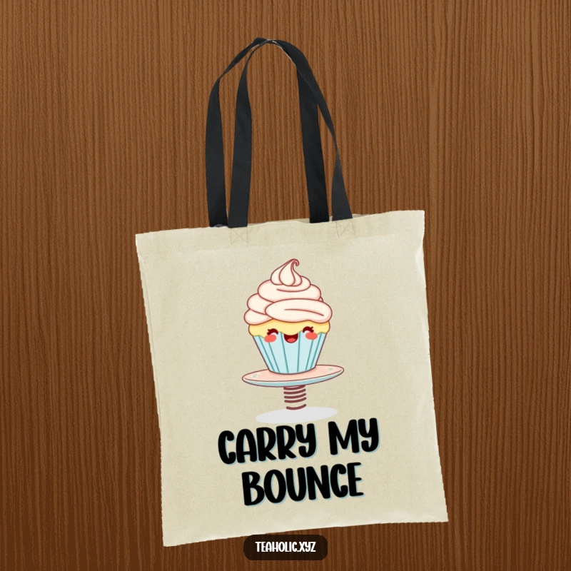 Funny tote bag showcasing a giggling cupcake character bouncing on a springy saucer, ideal for carrying essentials with a sweet and humorous flair.