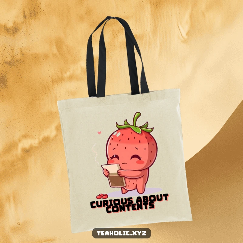 Funny curious strawberry with arms crossed, inspecting a teabag, a practical tote bag for the curious.