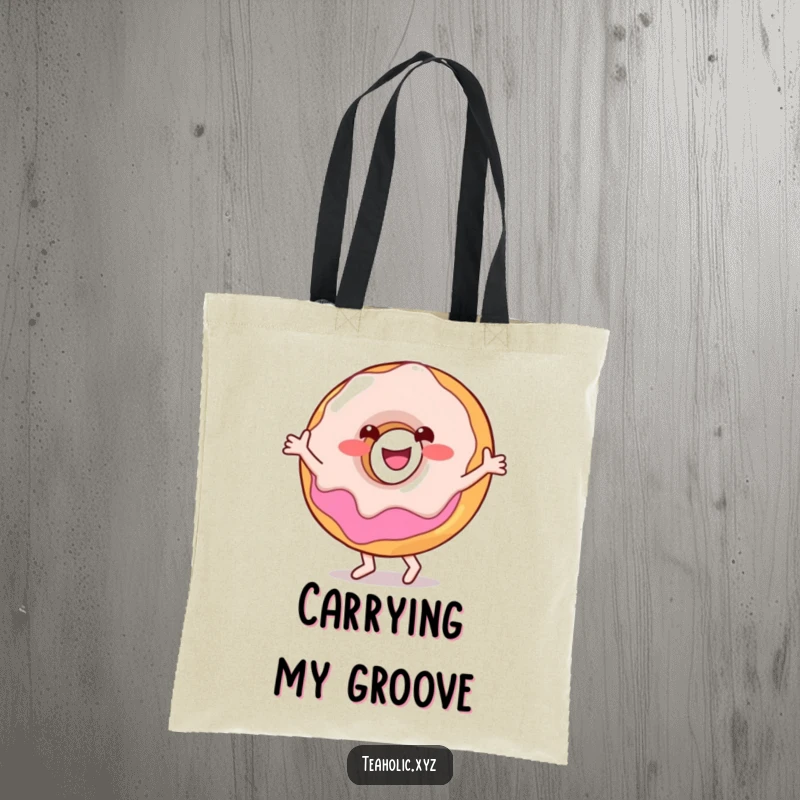 Funny tote bag showcasing a smiling donut character enthusiastically doing a happy little dance, adorned with sprinkles.