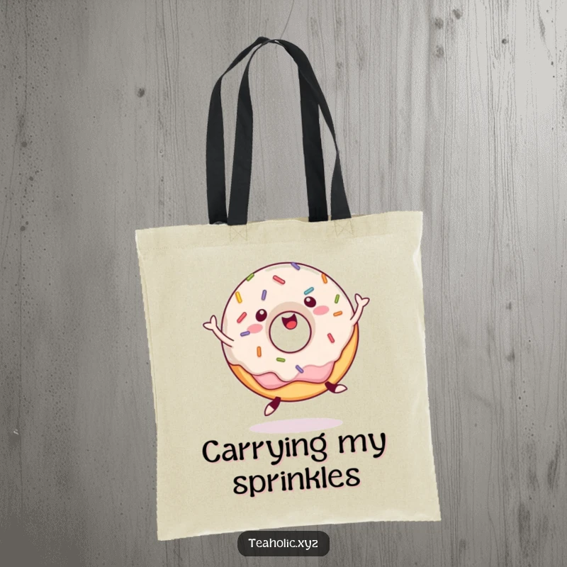 Funny Tote Bag printed with a happy, sprinkled donut jumping with exuberant energy, a delightful and practical accessory.