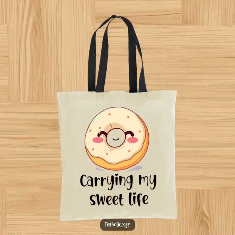 Funny Donut Tote Bag: A wobbly donut with a happy expression takes a big sip, showcasing a fun and sweet design.