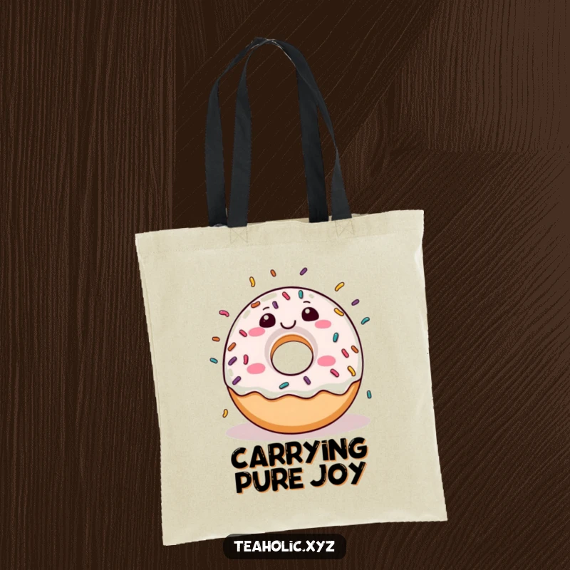 Funny donut character joyfully raining sprinkles onto a durable, spacious tote bag.