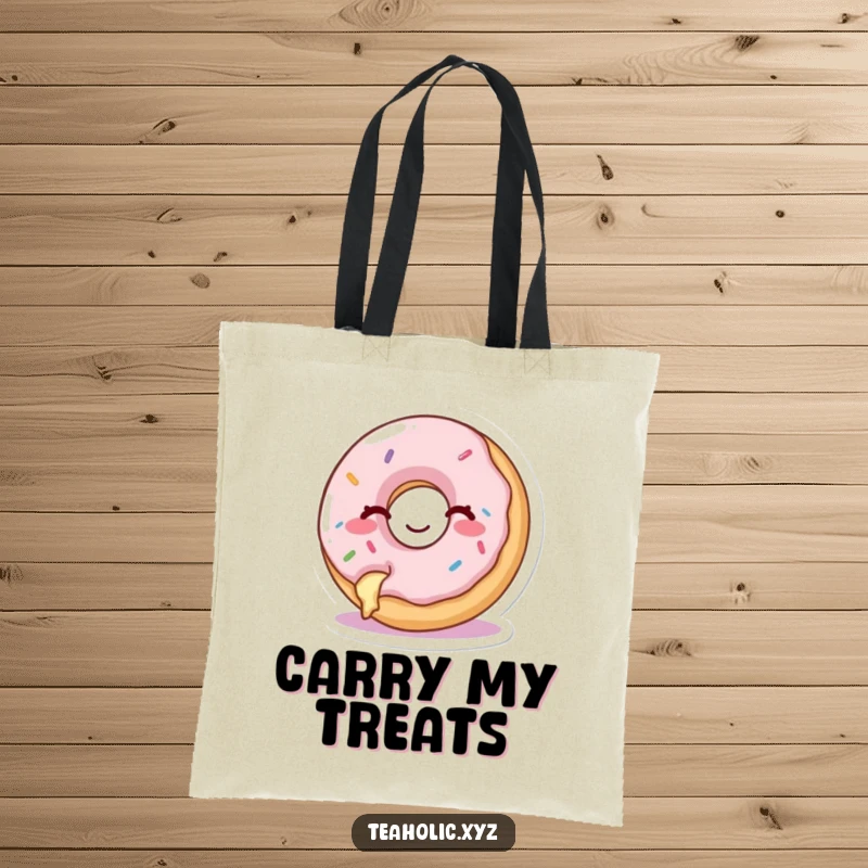Funny tote bag with a happy donut with a bite taken out, winking cheekily, ideal for shopping.