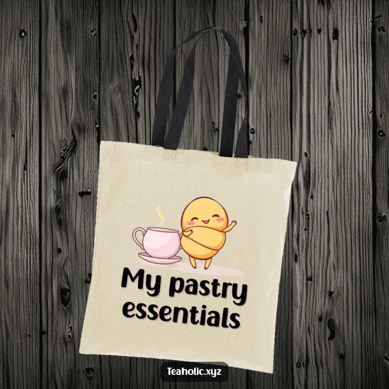 Funny croissant tote bag with a giggling croissant doing a graceful twirl beside a teapot, a stylish and humorous accessory.
