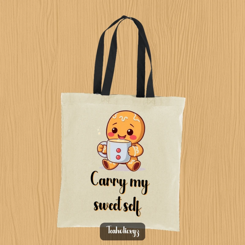 Funny Tote Bag showcasing a cheerful gingerbread man offering a steaming mug, ideal for carrying groceries or gifts with holiday flair.