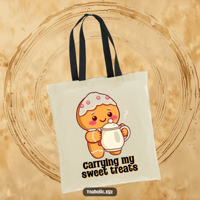Funny gingerbread character with a happy icing smile holding a steaming teapot on a durable tote bag.