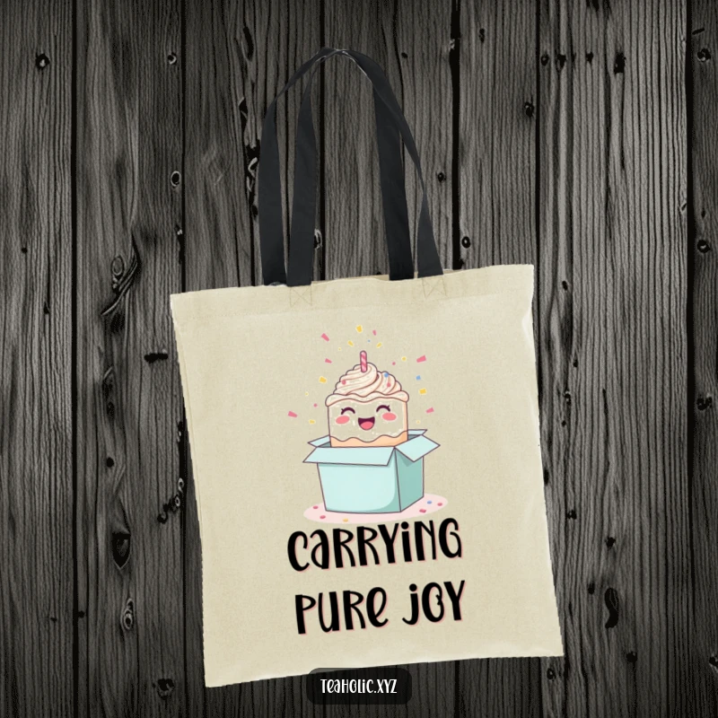 Funny happy cake tote bag, ideal for shopping or carrying essentials, featuring a cheerful cake and confetti design.
