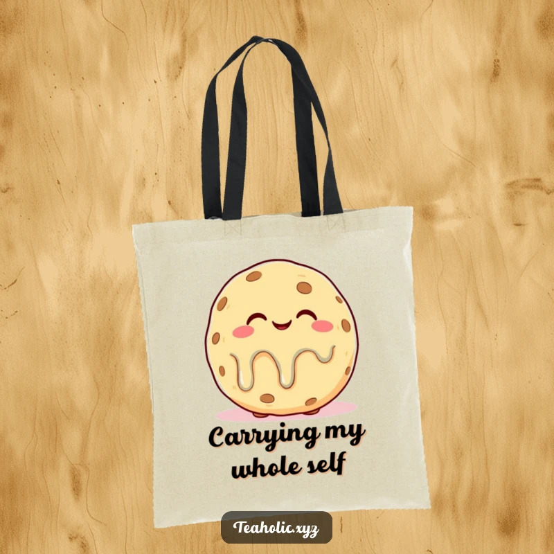 Funny tote bag showcasing a plump cookie character with a blissful expression, delightfully melting, embodying sweet comfort.