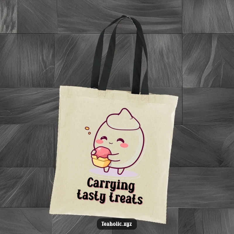 Funny giggling pastry character offering a tiny bite on a durable and stylish tote bag.