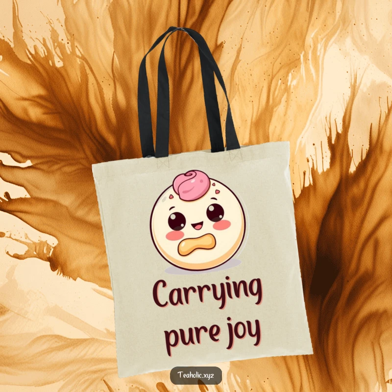 Funny tote bag showcasing a round pastry character with big dot eyes, in the act of taking a blissful, delighted bite.