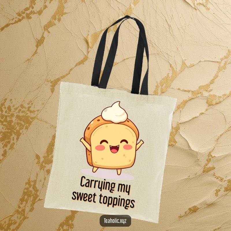 Funny Scone Tote Bag: A delighted scone with cream joyfully bounces, showcasing a fun and happy design.