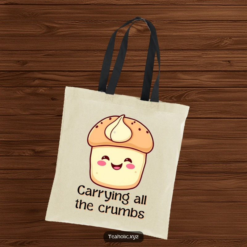 Funny Tote Bag: A happy scone with cream hops with glee, showcasing its delightful and portable pastry charm.