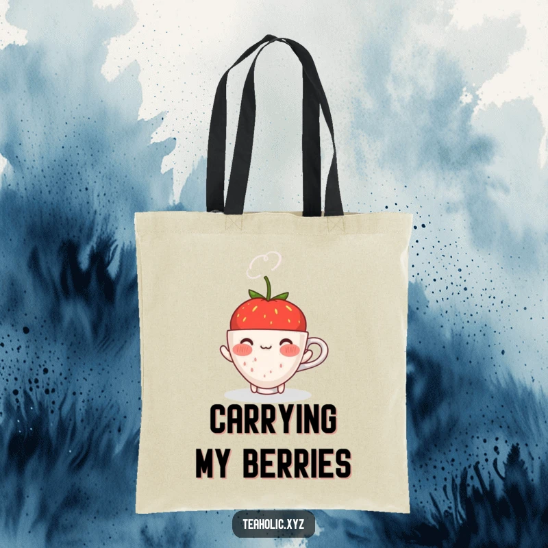 Funny blushing strawberry offering a steaming cup with a shy smile, printed on a practical and humorous tote bag.