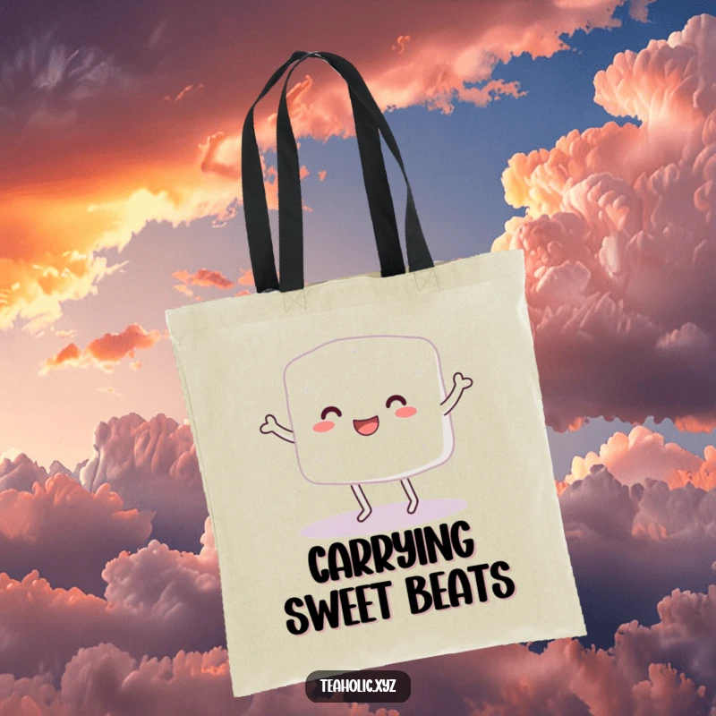 Funny Sugar Cube Character Tote Bag: A small sugar cube with legs joyfully doing a happy little dance.