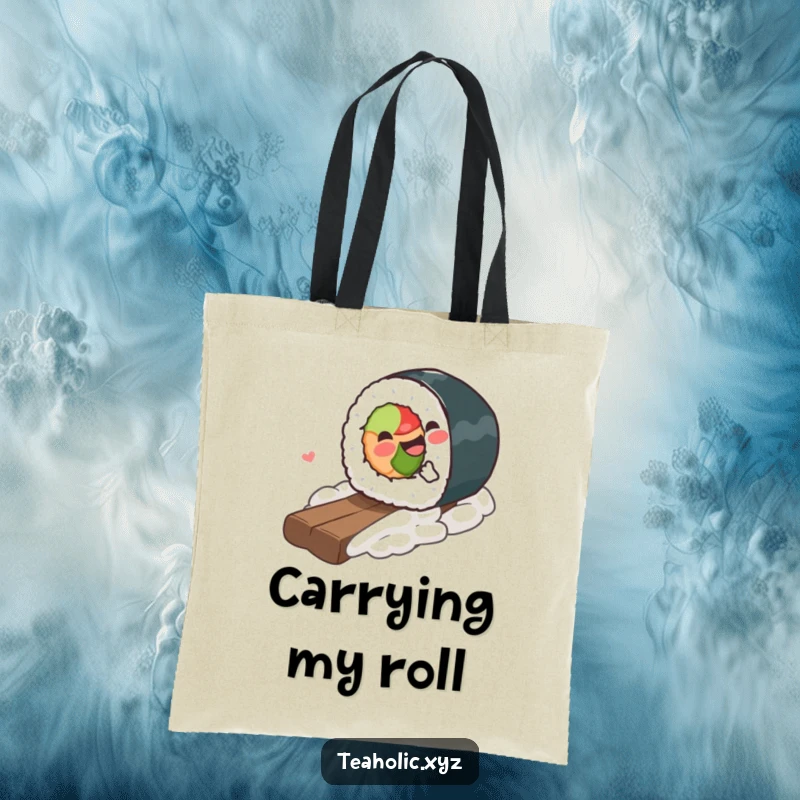 Funny Tote Bag printed with a gleeful sushi piece joyfully rolling downhill, a practical and humorous accessory for daily use.