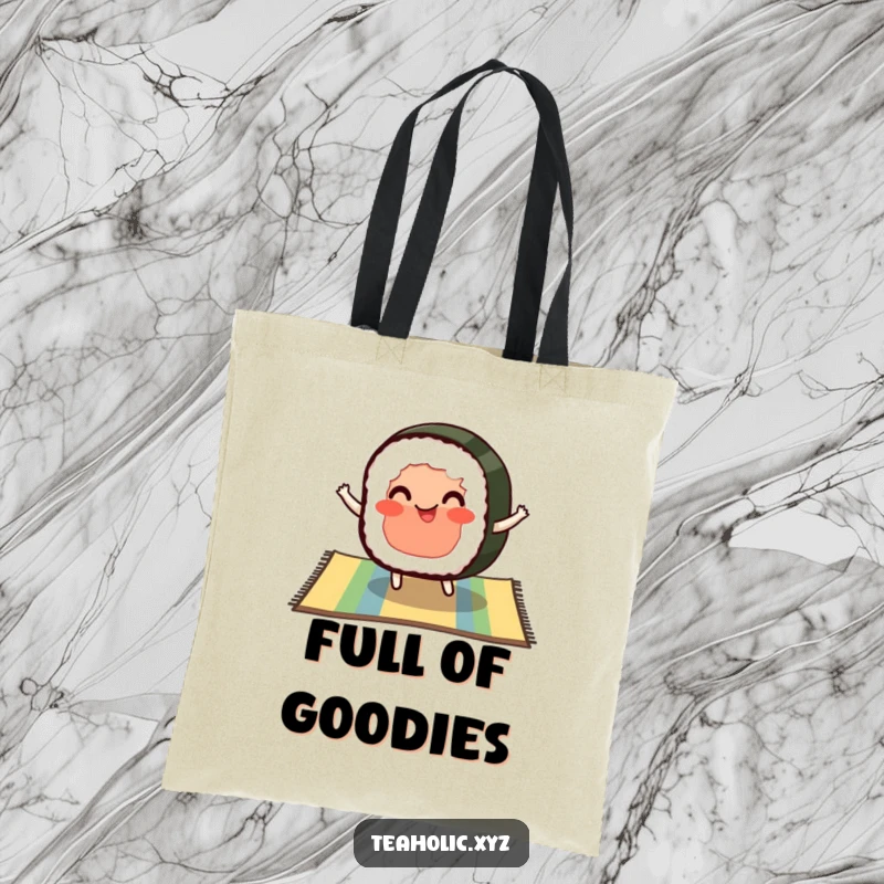 Funny tote bag with a pleased slice of sushi with rosy cheeks bouncing on a colorful mat, great for shopping.