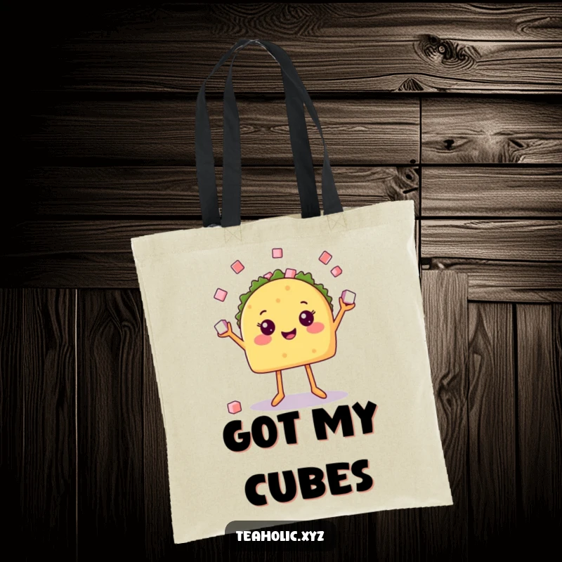 Funny tote bag showcasing a happy taco with legs juggling sugar cubes, ideal for carrying essentials with a festive and humorous flair.