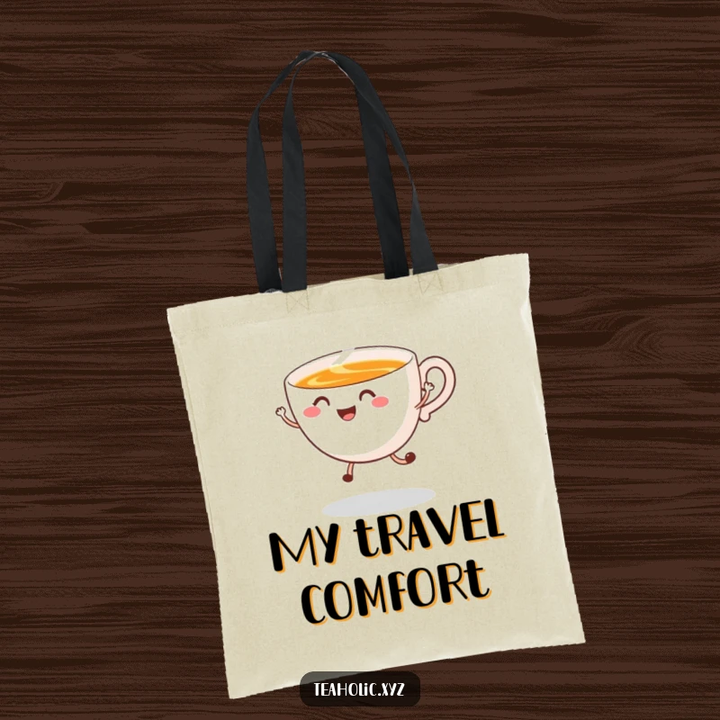 Funny Tote Bag depicting a smiling tea cup in a happy jump with swirling steam, perfect for carrying essentials with joy.