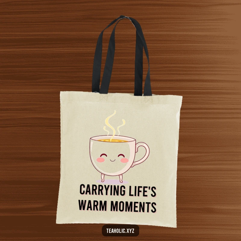 Funny Teacup Tote Bag: A smiling teacup with small legs cheerfully pours steaming liquid, a delightful and humorous accessory.
