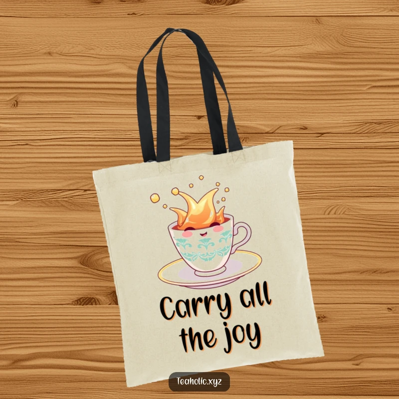Funny Teacup Tote Bag: A smiling teacup character splashing jubilantly in a saucer of tea, perfect for carrying daily items with cheer.