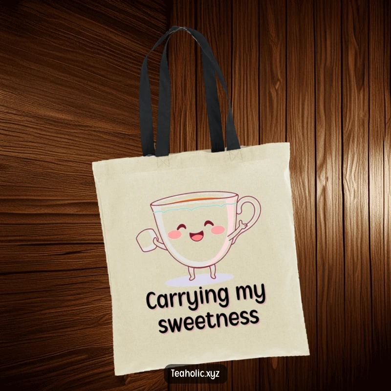 Funny tote bag depicting a smiling teacup with small arms dancing happily with a sugar cube, perfect for carrying essentials with joy.