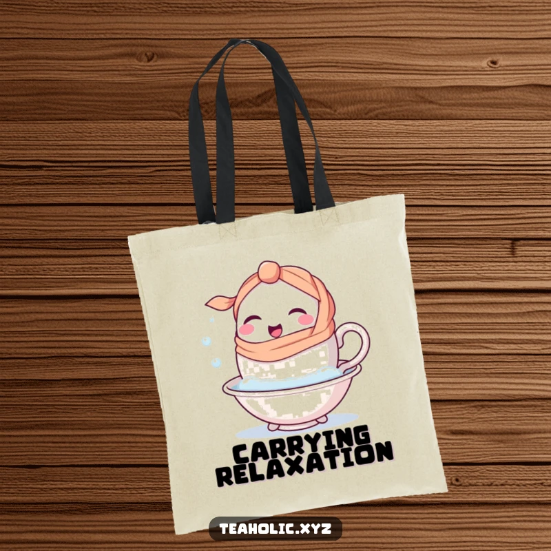 Funny happy teacup character with a handle-scarf winking while dipping into a bubbly bath on a stylish tote bag.