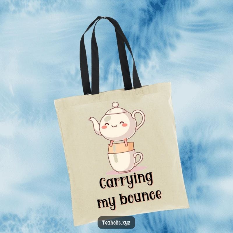 Funny cheerful teapot character with legs, bouncing merrily on a stack of mugs, on a durable tote bag.