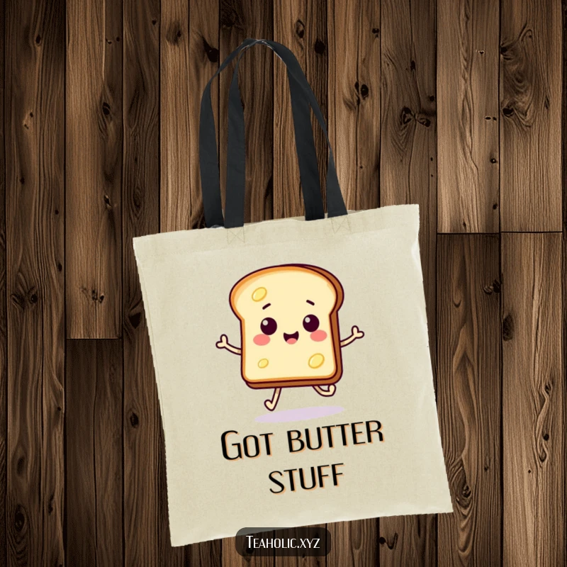 Funny tote bag with a smiling, buttered toast slice doing a hop-skip, perfect for carrying items cheerfully.