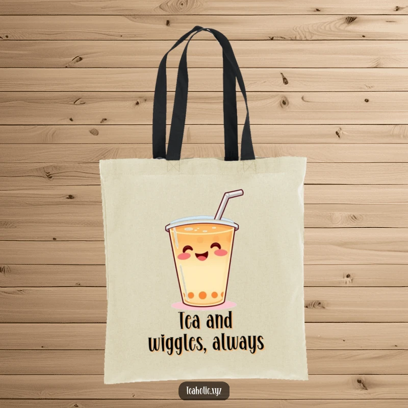 Funny Tote Bag featuring a smiling tea cup with a straw doing a happy wiggle, a practical and hilarious accessory.