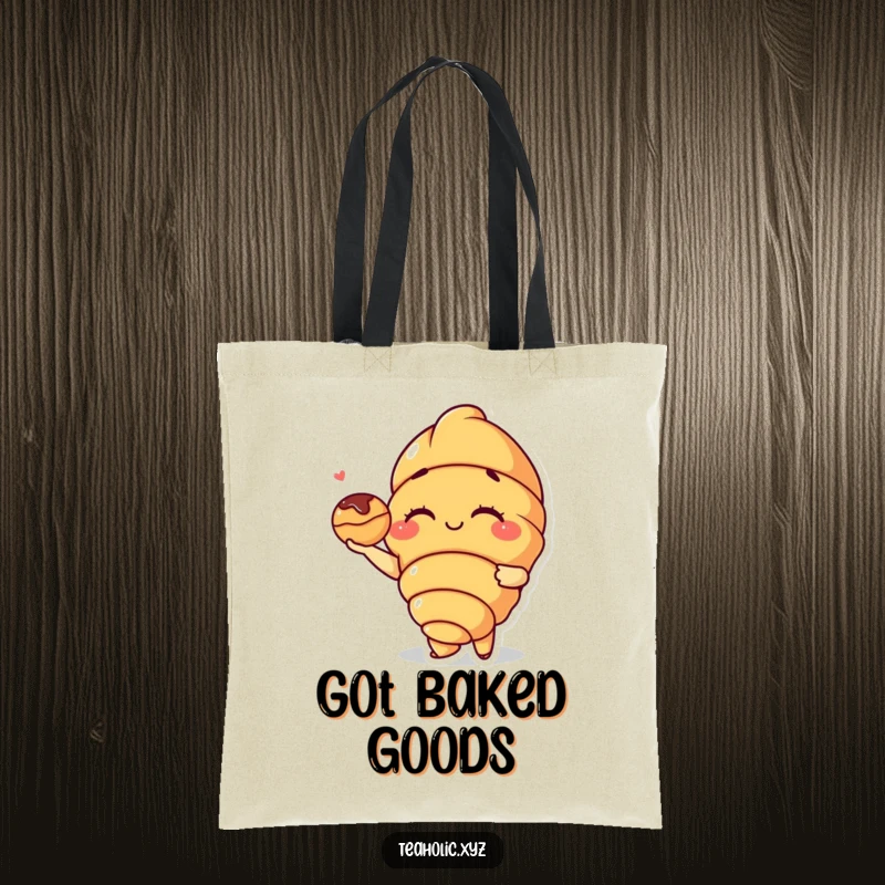 Funny Croissant Tote Bag: A winking croissant character generously offers a small pastry, making this bag a delightful and practical accessory.