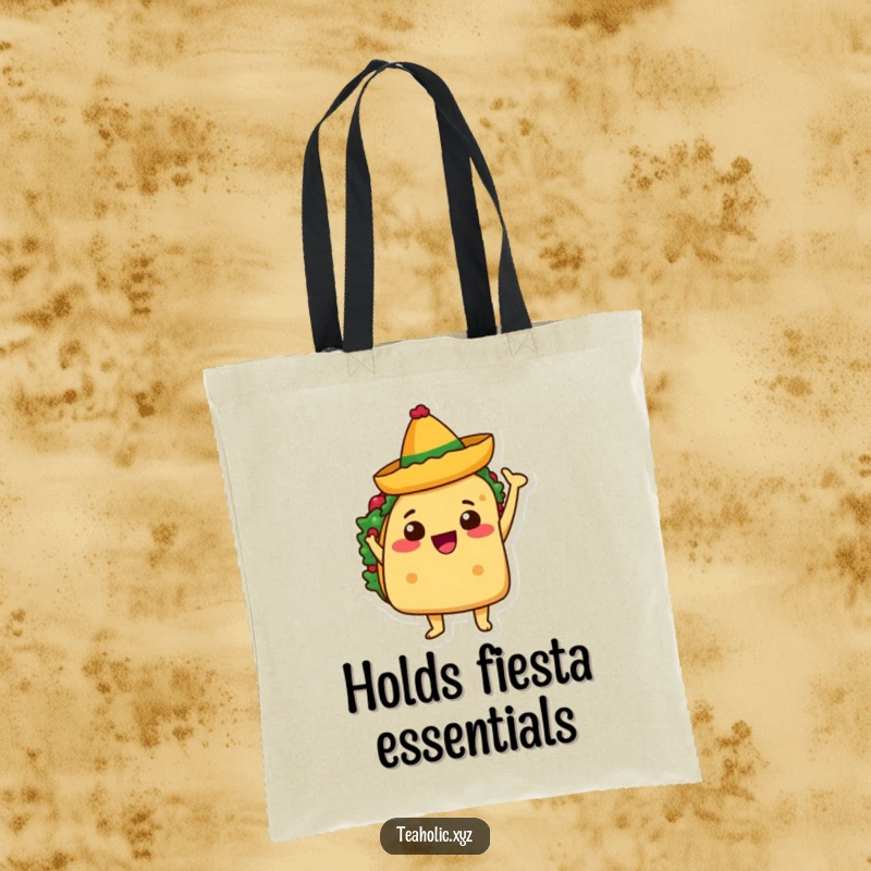 Funny tote bag featuring a taco character joyfully waving a tiny sombrero, perfect for carrying fiesta essentials.