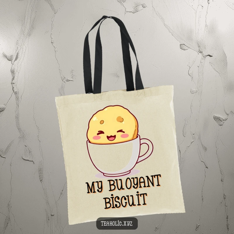 Funny tote bag featuring a winking biscuit with a wide smile floating in a mug, stylishly carrying groceries or daily items.