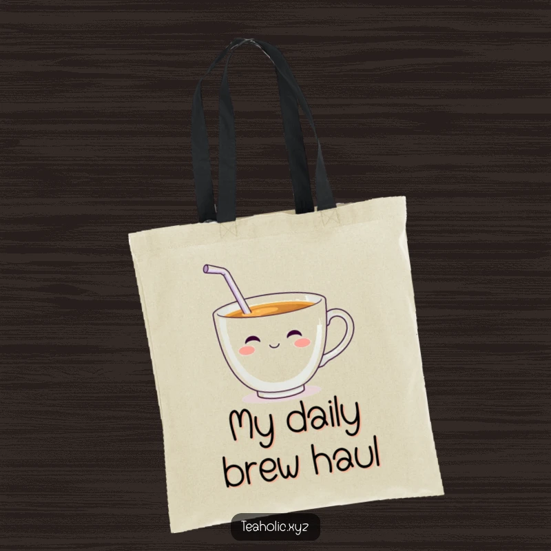 Funny Teacup Character Tote Bag: A smiling teacup with a wiggling straw actively taking a satisfying sip.