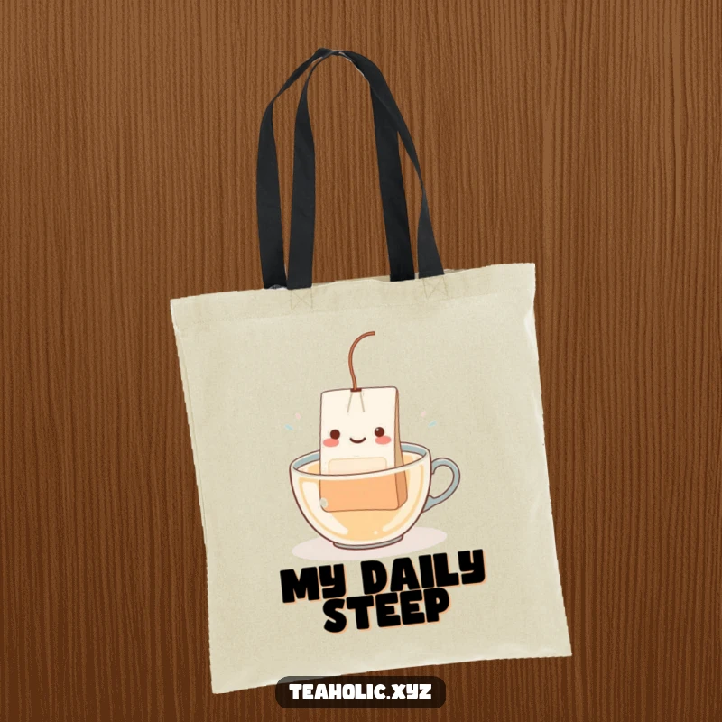 Funny Teabag Character Tote Bag: A happy teabag with a string dangling happily as it dips into hot water.