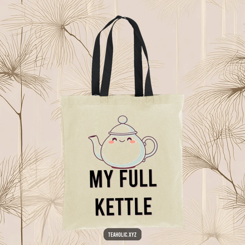 Funny Teapot Character Tote Bag: A cute teapot wearing a hat, pouring a cheerful puff of steam.