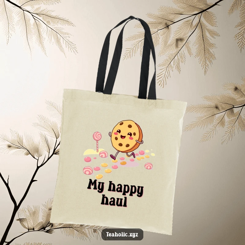 Funny Tote Bag depicting a cheerful cookie character skipping along a candy path, perfect for carrying essentials with joy.