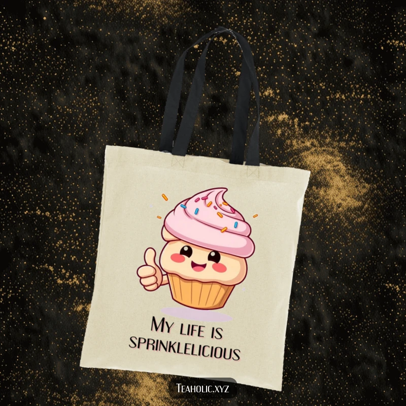 Funny Muffin Tote Bag: Cheerful character giving a thumbs up with sprinkles flying, a practical and humorous accessory.