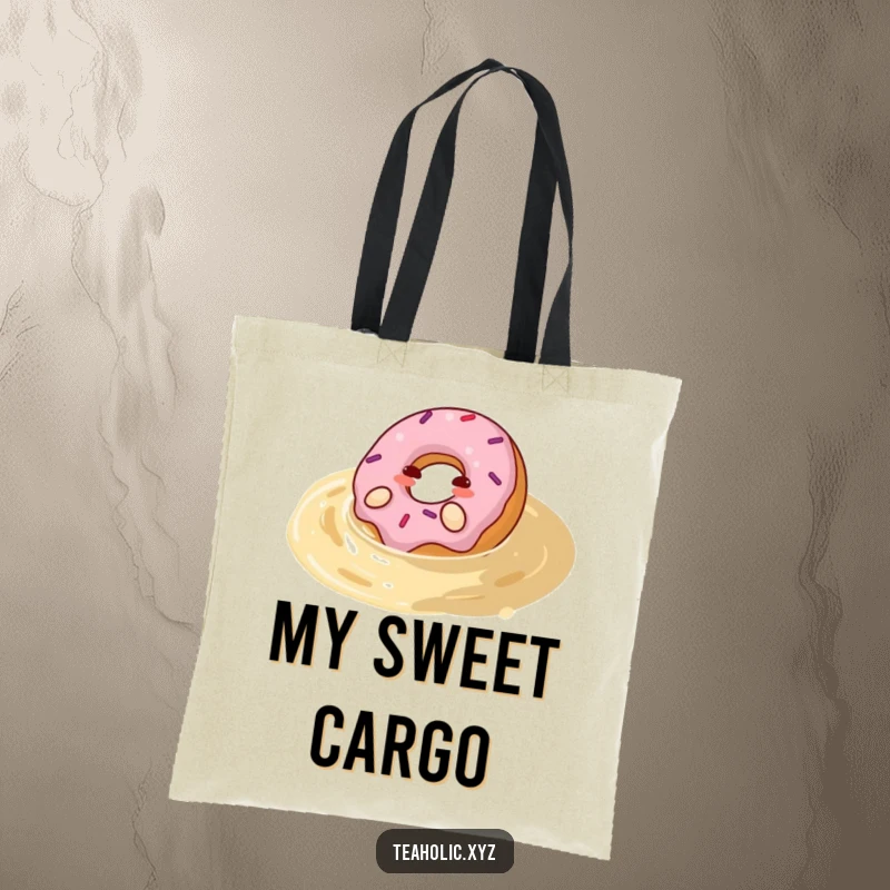 Funny donut tote bag with a happy donut rolling in a pool of tea, a stylish and humorous accessory for everyday use.