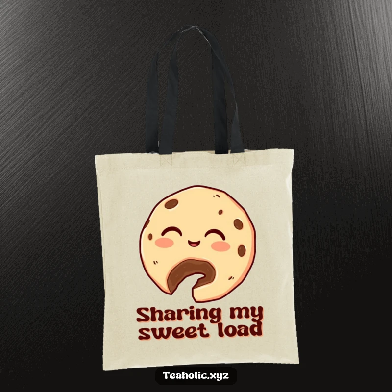 Funny Cookie Tote Bag: A giggling cookie with a bite taken out generously offers a crumb, showcasing a kind and humorous design.