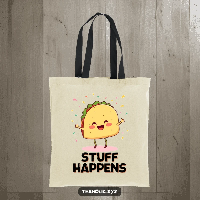 Funny tote bag with a cheerful taco with legs dancing and confetti falling, ideal for shopping.